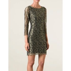 Diane Von Furstenberg DVF Gold Lace Metallic Shift Dress